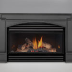 PHAZER® Logs, MIRRO-FLAME™ Porcelain Reflective Radiant Panels, Arched Cast Iron Surround, Louvers - Black Finish, Curved Safety Barrier