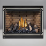 PHAZER™ Log Set, Decorative Sandstone Brick Panels, Classic Resolution Front with Overlay in Brushed Nickel, with Black Curved Accent Bars, Standard Safety Screen
