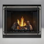 PHAZER™ Log Set, MIRRO-FLAME™ Porcelain Reflective Radiant Panels, Classic Resolution Front with Overlay in Brushed Nickel, with Black Straight Accent Bars, Standard Safety Screen