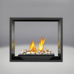 River Rock Media Burner, MIRRO-FLAME™ Porcelain Reflective Radiant Panels, Painted Black Faceplate