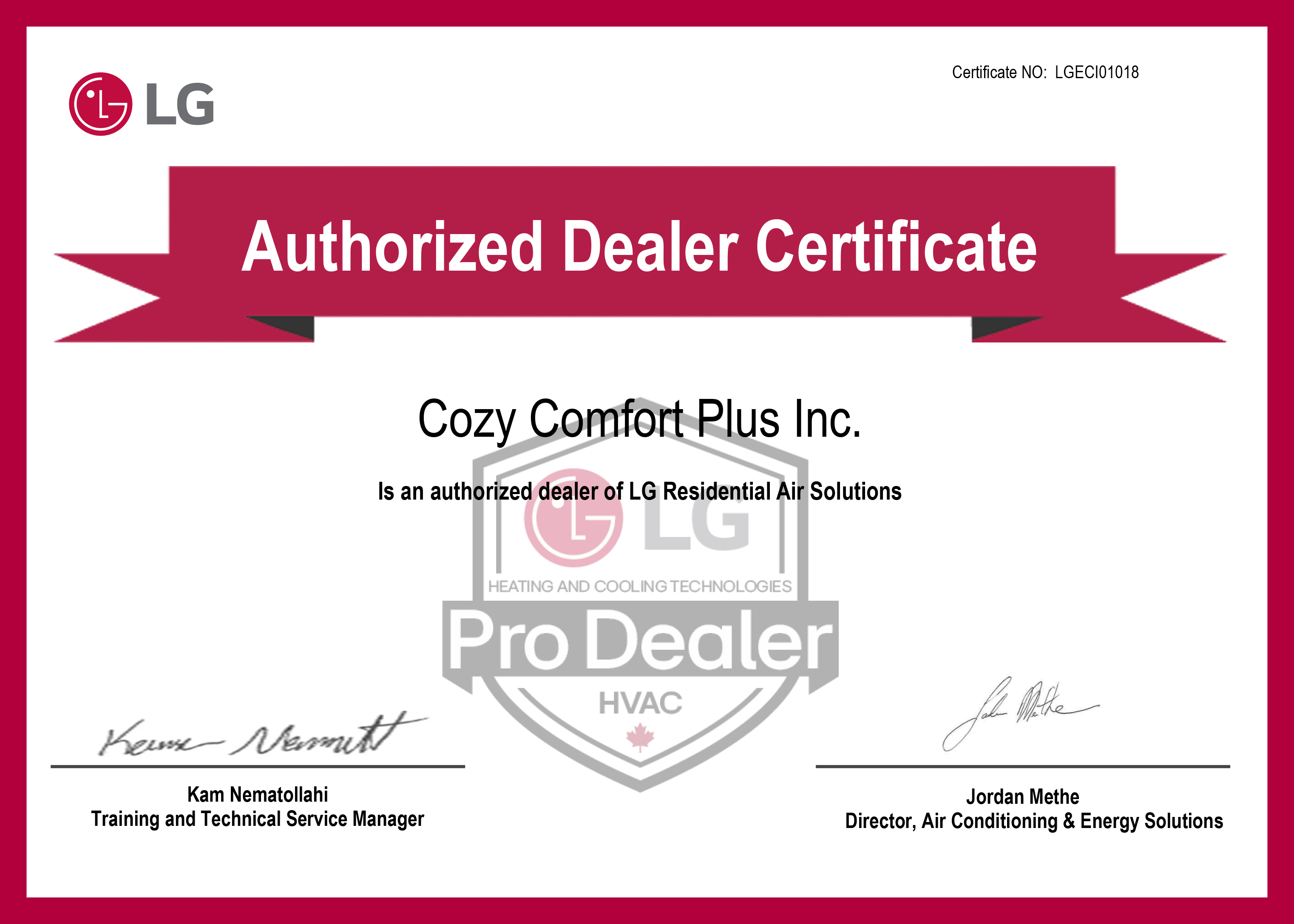 LG Dealer Certificate - Cozy (1)