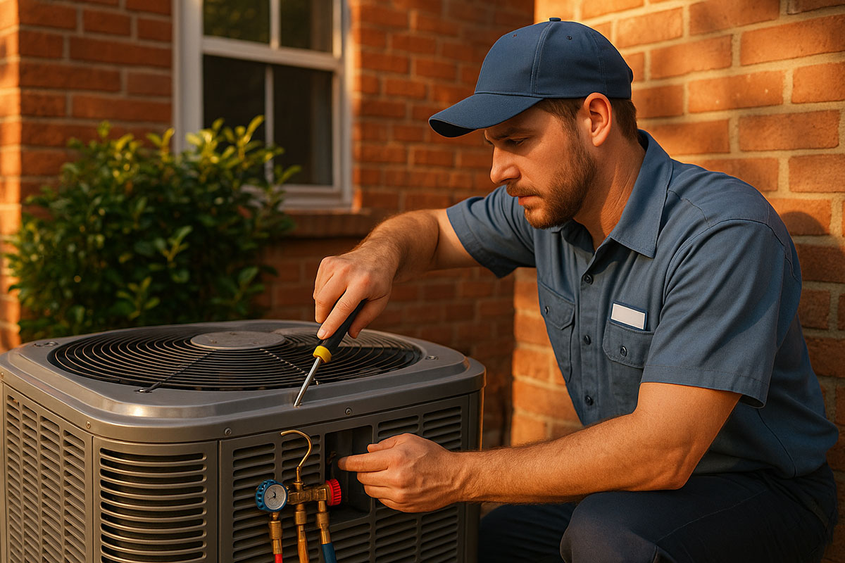 HVAC technician repairing outdoor air conditioning unit at a brick home in the GTA