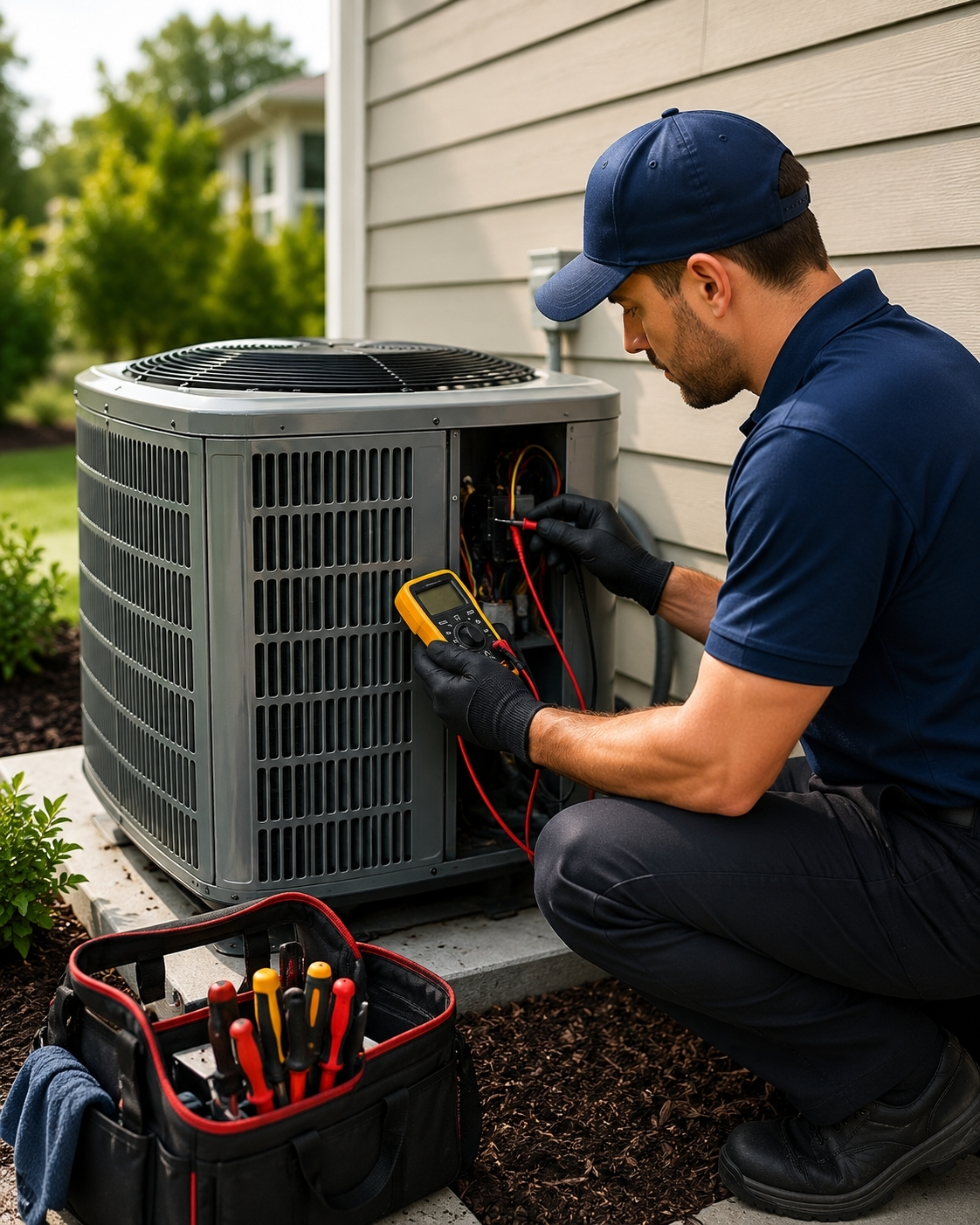 HVAC technician testing an outdoor air conditioner during regular AC service and maintenance