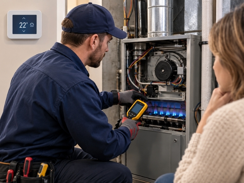 HVAC technician inspecting a residential furnace during a furnace tune-up in Toronto and the GTA