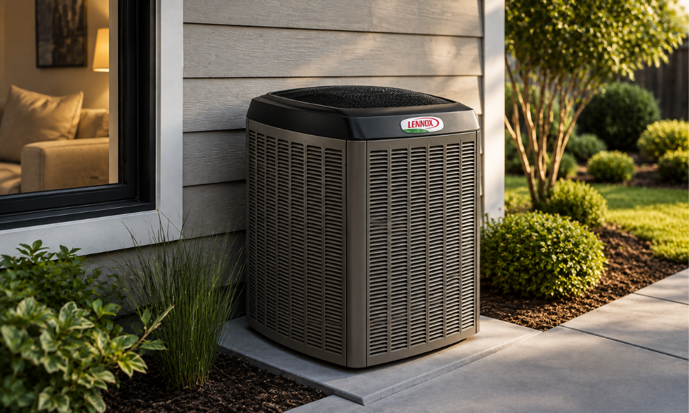Dave Lennox Signature heat pump installed beside a residential home