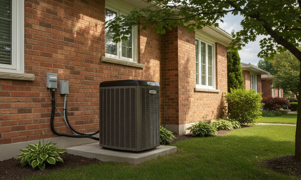 Lennox Merit Series heat pump installed beside a brick home