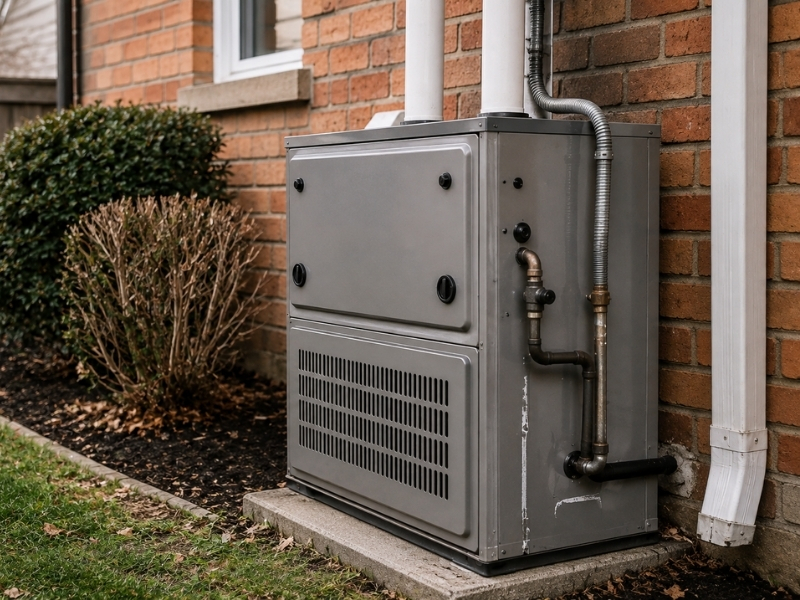 Residential heating equipment beside a Toronto-area home during the fall heating season