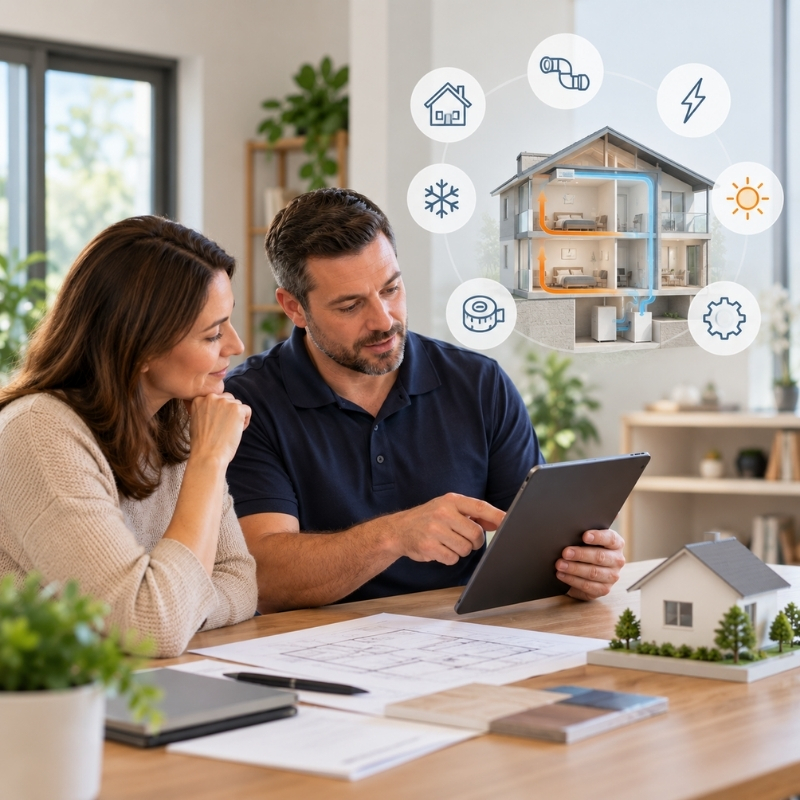 HVAC professional reviewing heat pump options with a homeowner