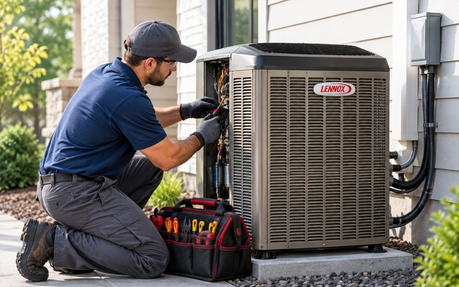 HVAC technician servicing a residential Lennox heat pump