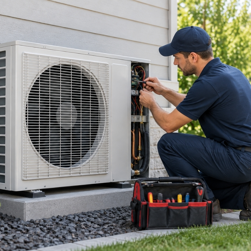 HVAC technician repairing a residential heat pump