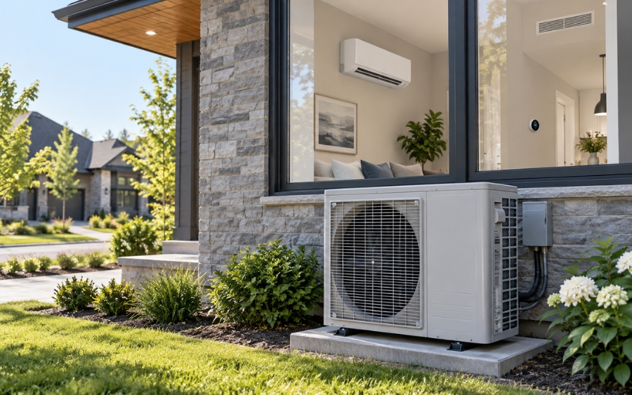 Residential heat pump system installed at a modern home