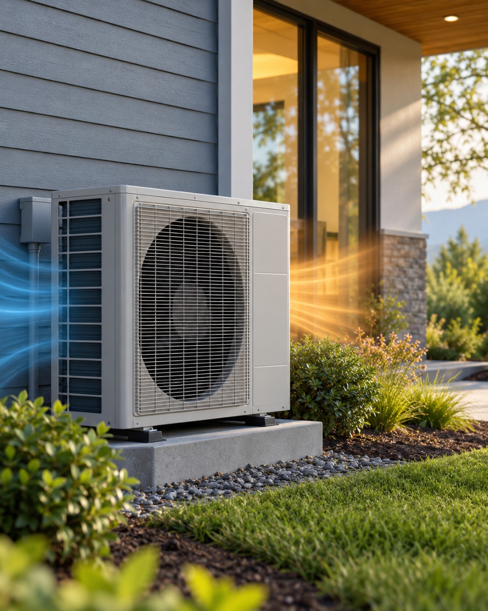 Residential heat pump system installed outside a modern home