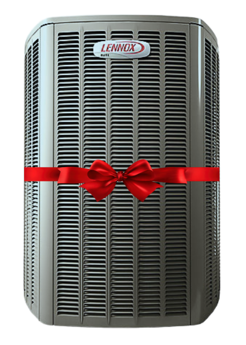 Lennox heat pump with red gift ribbon representing available rebates