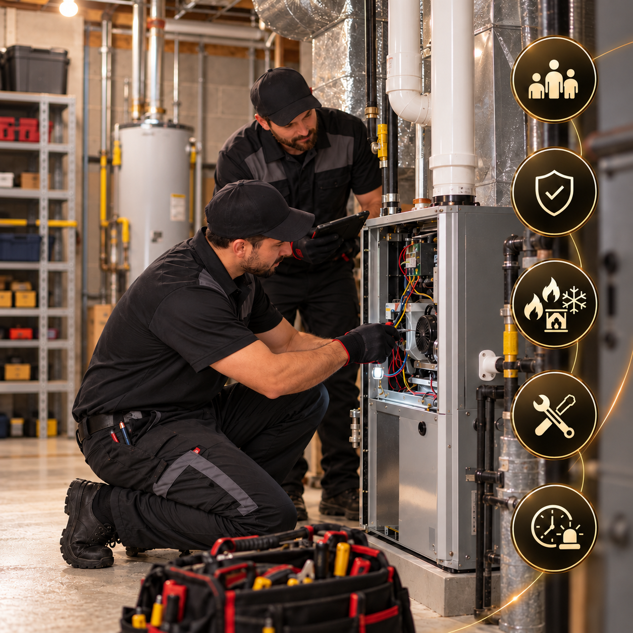 Technicians Repairing a Furnace in Utility Room - Pickering