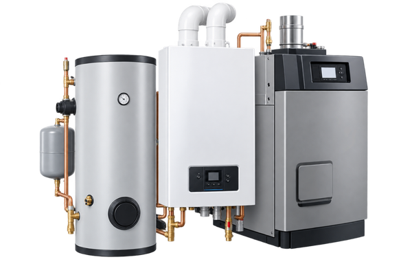 Modern boiler equipment with storage tank, piping and controls for space heating and hot water applications.