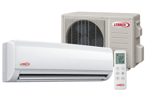 Indoor wall-mounted ductless unit with outdoor condenser and remote control for heating and cooling.