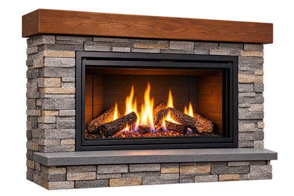 Modern fireplace with stone surround and wood mantel representing fireplace sales, installation and service.