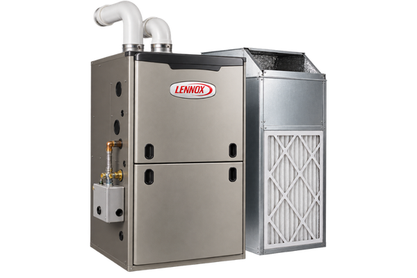 Modern residential gas furnace with venting and HVAC components for home heating installation and service.