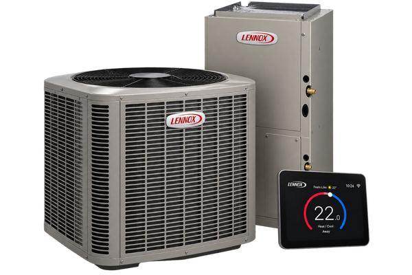 Outdoor heat pump, indoor air handler and thermostat representing residential heating and cooling systems.