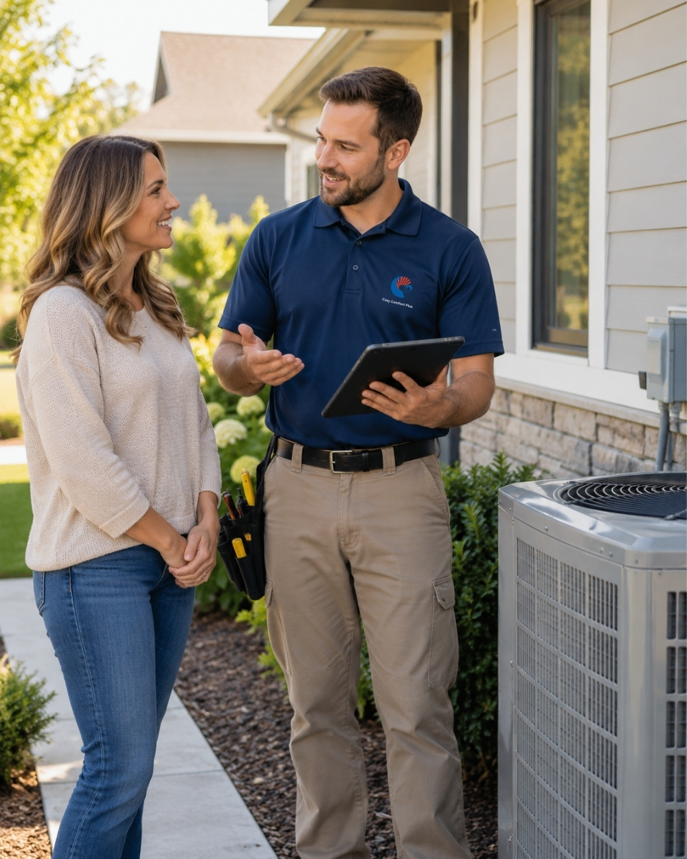 HVAC technician discussing a home comfort system with a homeowner beside an outdoor air conditioning unit.